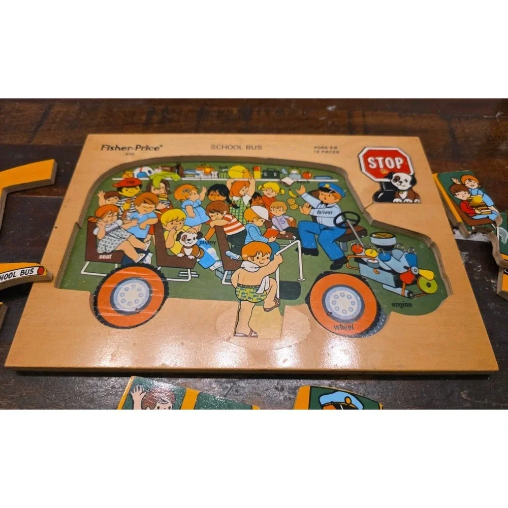 Vtg Wooden Peg Puzzle Lot Fisher Price Farm Animals School Bus Simplex Holland